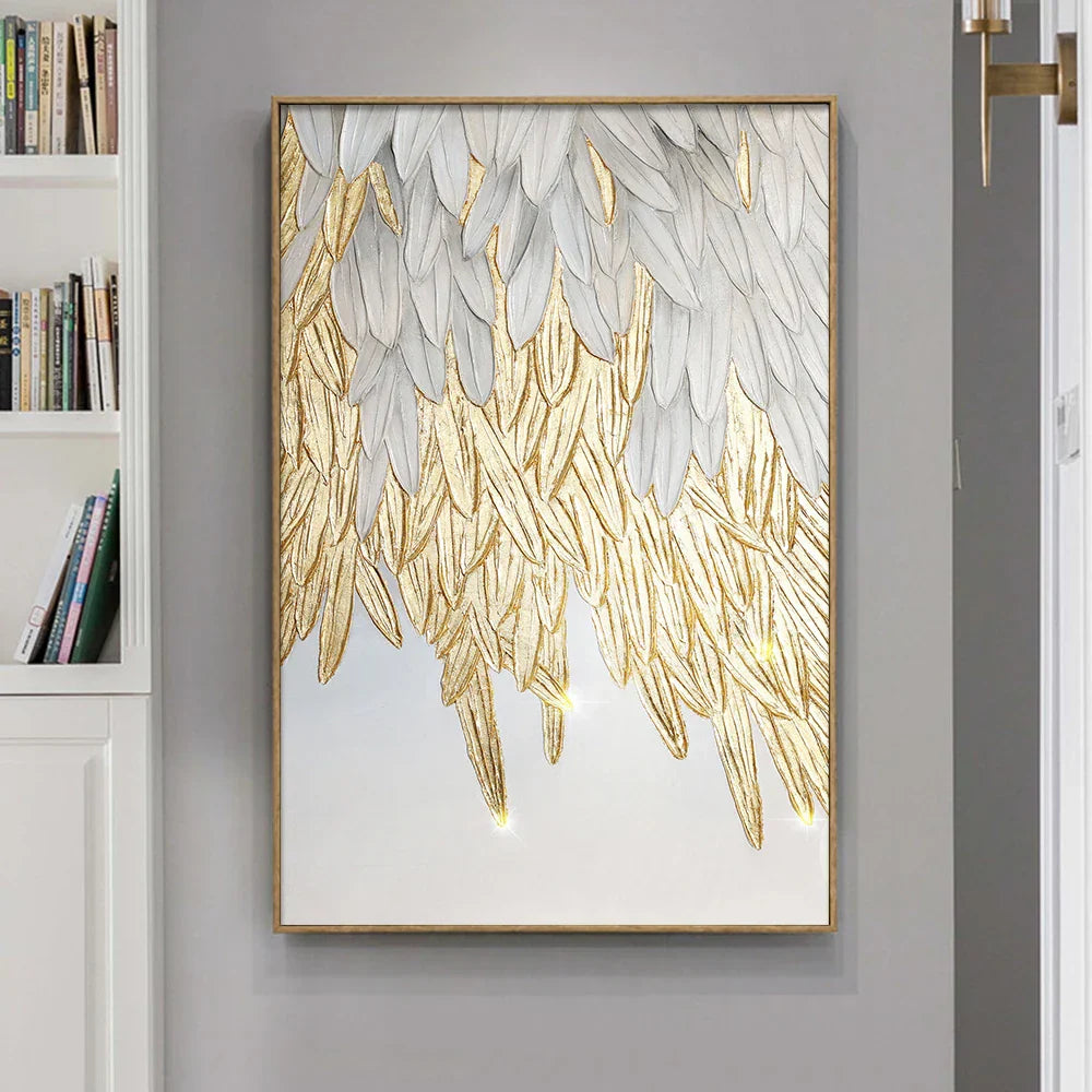 Modern abstraktes goldenes Federdesign Wandkunst Feine Kunst Leinwanddrucke Bild für Luxus-Wohnzimmer Schlafzimmer Eingangsbereich Foyer Kunst Dekor | Brehn