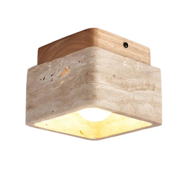 Brehn | Quadratische Travertin- und Holz-LED-Deckenleuchte