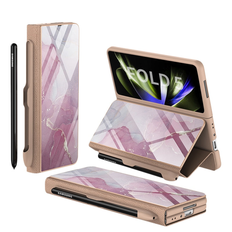 Brehn | Stoßfeste Rüstungshülle Hülle Glas Abdeckung Ständer Einfügkarte Lederhülle für Samsung Galaxy Z Fold 5/4