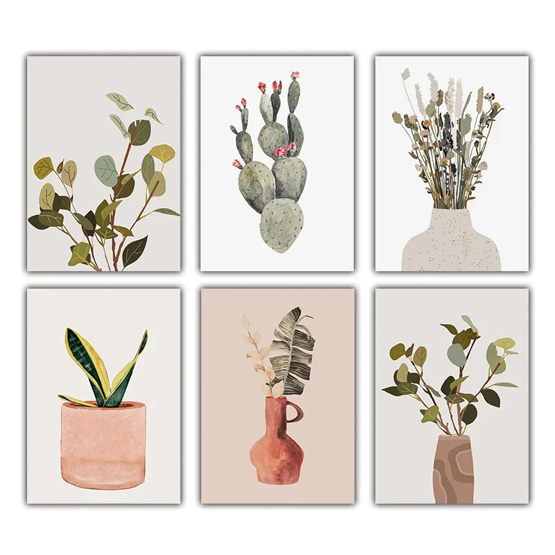 Minimalistische Aquarell-Kaktus Pflanze mit Topf Grüne Blätter Wandkunst Feine Kunst Leinwanddrucke Bilder für Esszimmer Wohnzimmer Kunst Dekor | Brehn