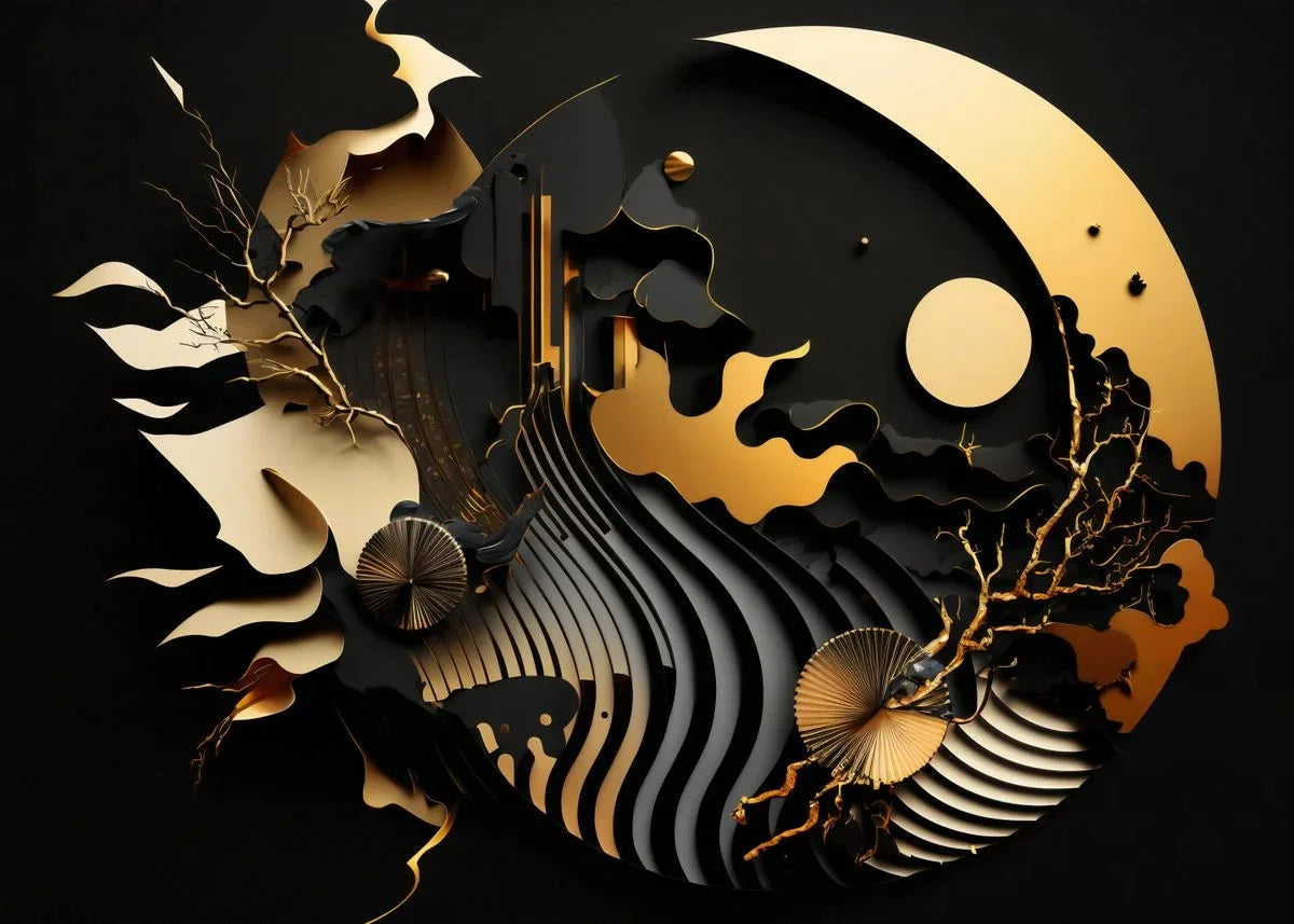 Moderne Fließende Geometrie Schwarzes Goldenes Abstraktes Wandkunst Feine Kunst Leinwanddrucke Bilder Für Wohnzimmer Esszimmer Home Office Dekor | Brehn