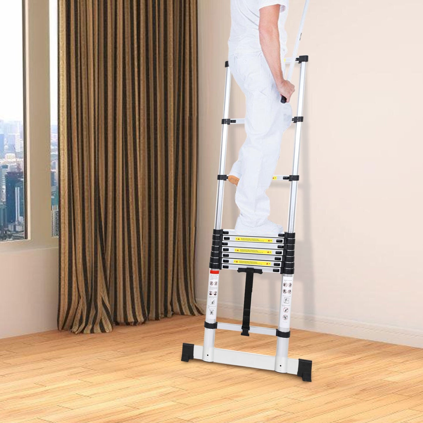 Teleskopleiter Aluminium Belastbarkeit bis zu 150kg 2.6m-5m mit Stabilisator | Brehn