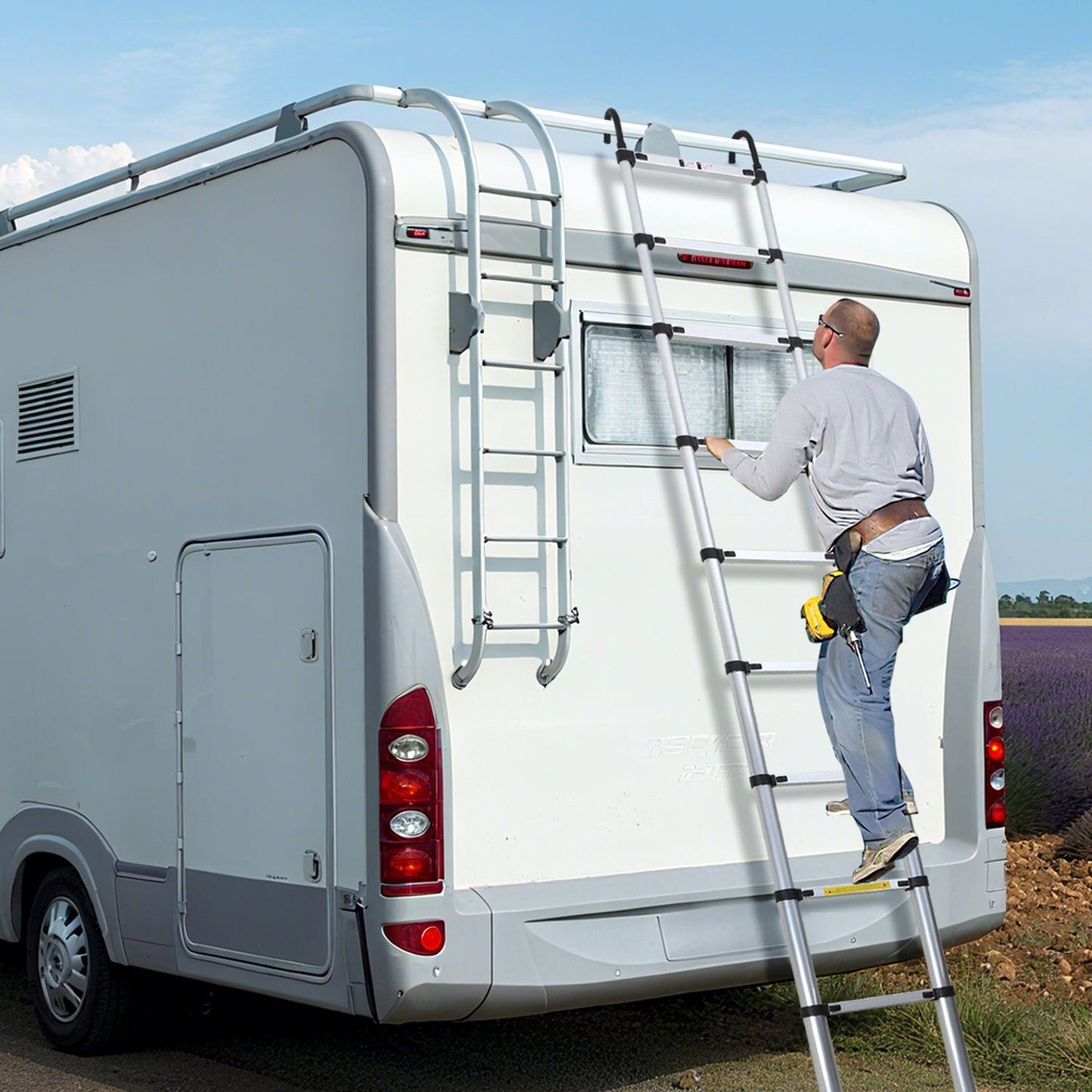 Teleskopleiter mit 2 Abnehmbarem Haken mit Stabilisator | Brehn
