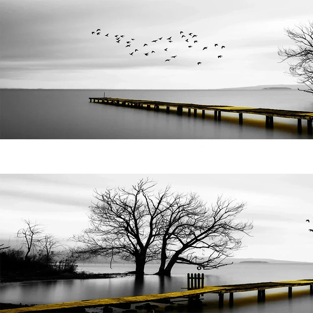 Ruhiger See Pier Breitformat Landschaft Wandkunst Feine Leinwanddrucke Schwarz Weiß Bilder Von Ruhe Für Über Dem Sofa Bild Für Über Dem Bett