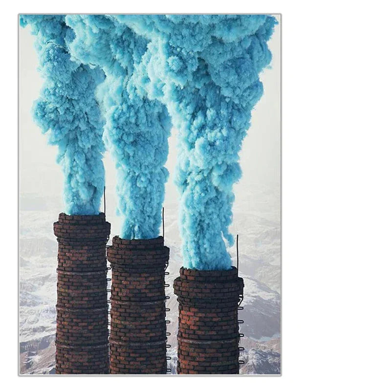Lebendige Landschaften Wandkunst Feine Kunstleinwanddrucke - Vulkangebirge mit pinkem Rauch & Industrielüftern mit blauen Emissionen Lassen Sie sich von atemberaubenden Kontrasten zwischen Natur und Industrie inspirieren