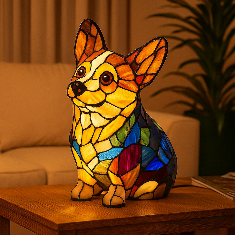 Brehn | Buntglas-Hund-Form Nachttischlampe mit Farbwechsel-LED – Dekorative Tischlampe für Schlafzimmer und Wohnzimmer
