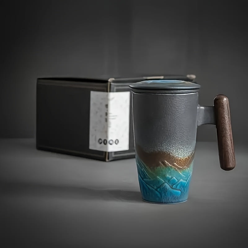 Brehn | TeaCraft Ceramic Mug | Handcrafted | With Tea Filter and Wooden Handle | Retro Design