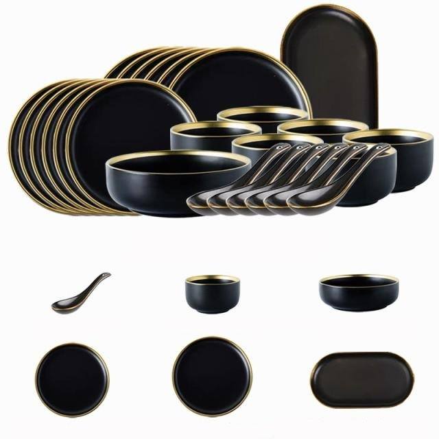 Schwarze Porzellan-Dinner-Teller Geschirr Teller und Schalen Set Geschirr Set | Brehn