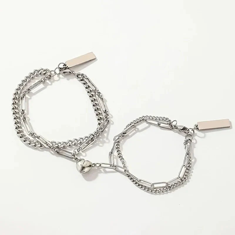 Brehn | Paar Magnetisches Herz Cuban & Paperclip Ketten Armband Set