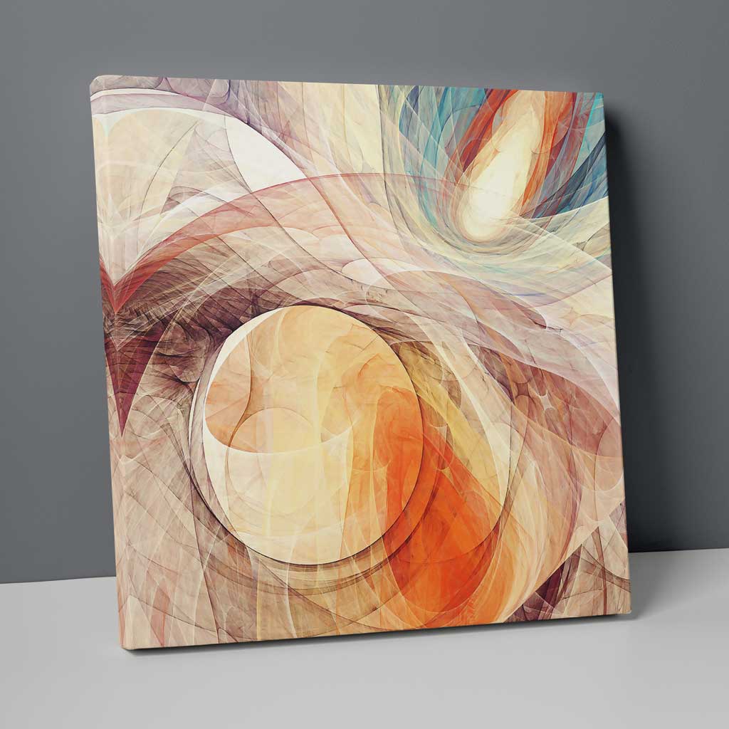 Abstraktes Fraktal in Creme, Orange und Blau Nr. 2, Kunstdruck auf Leinwand