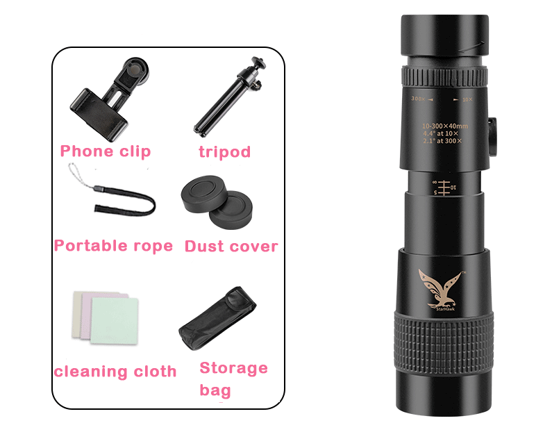 Hochleistungs-Monokular-Teleskop | 10–300-facher Zoom | Nachtsicht | Wasserdicht | Kompatibel mit Smartphone-Adapter