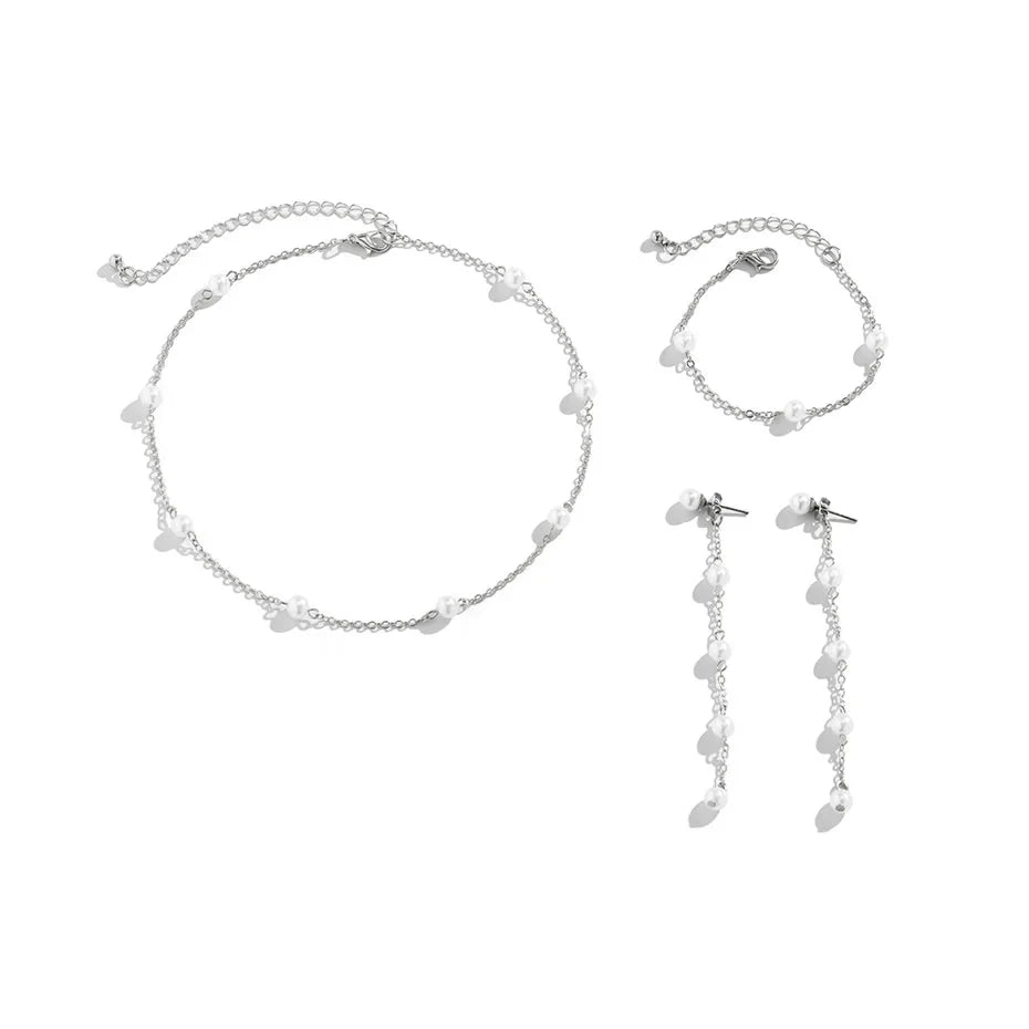 Brehn | Zarte Kettenperlenarmband-, Halsketten- und Ohrring-Set