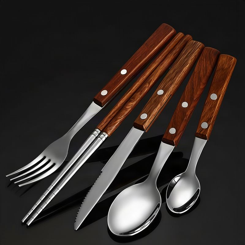 Besteckset 12-teilig, Edelstahl mit Holzgriff