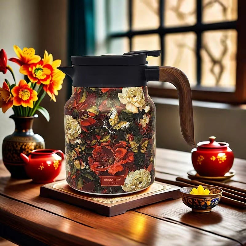 Teethermoskanne mit Vintage-Blumenmuster – mit integriertem Teesieb