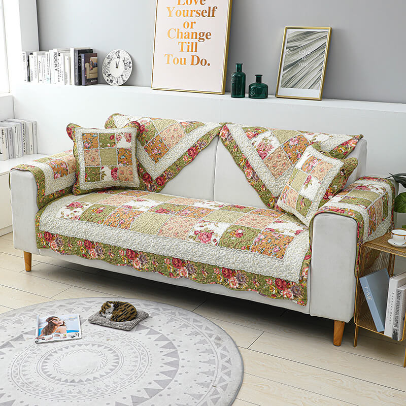 Vintage Flower Plaid Baumwollsofa Bezug - Weiches umweltfreundliches Design | Brehn