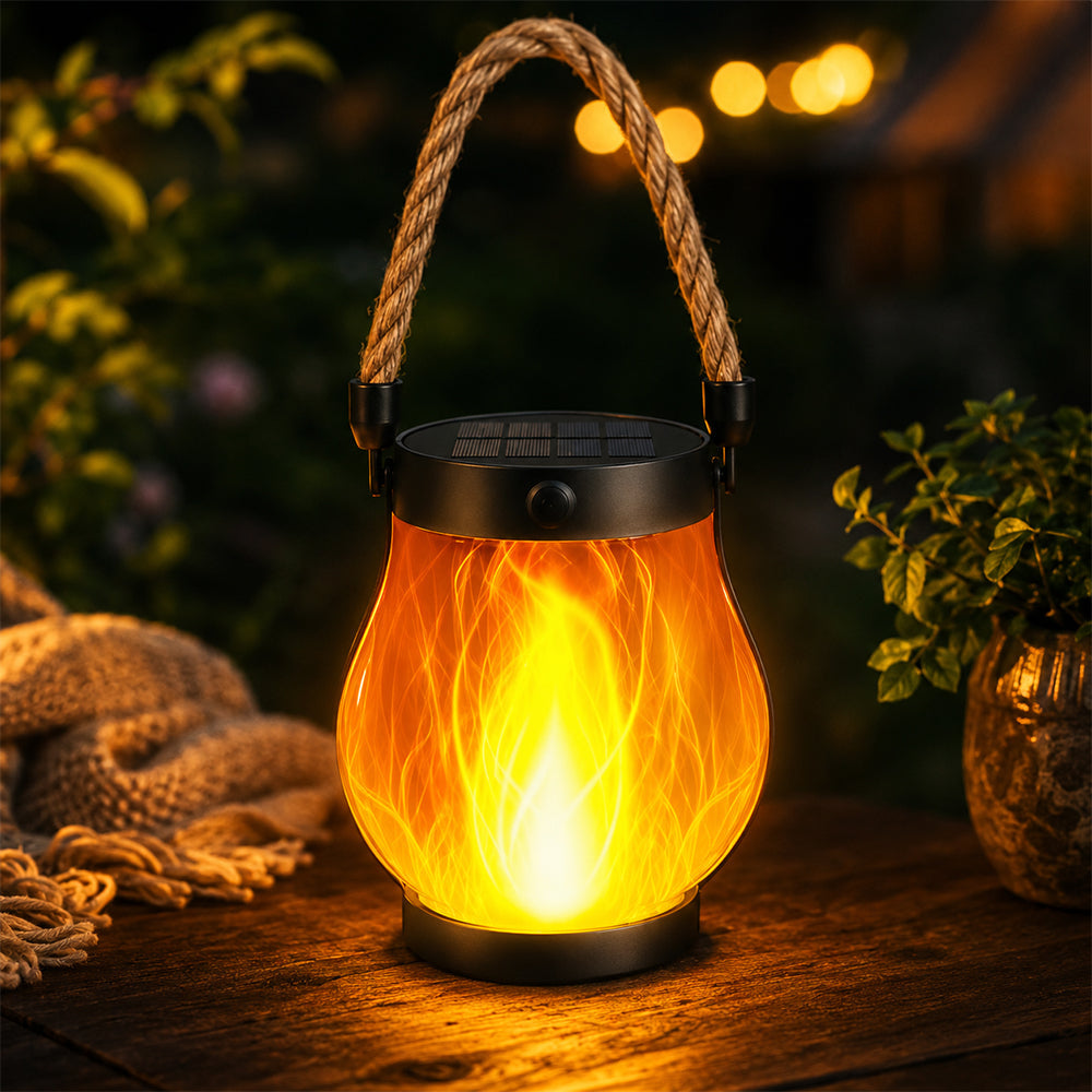 Solar-Laterne Ø12 cm mit Flammeneffekt-Licht und Hanfseil | Brehn