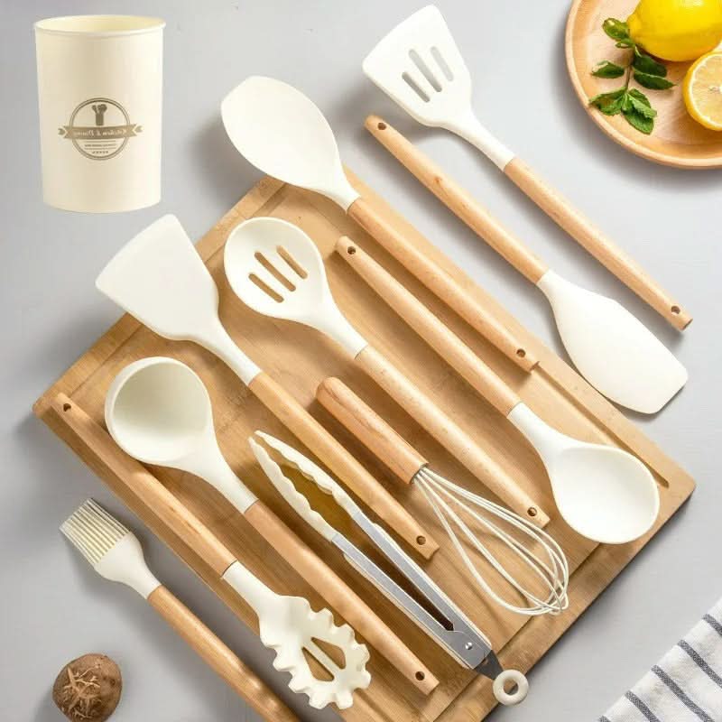 Ungiftiges, BPA-freies Silikon-Kochgeschirr-Set mit Holzgriffen Lattea