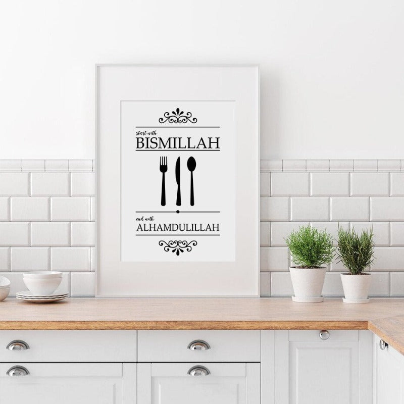 Islamische Bismillah Alhamdulillah Schwarz und Weiß Küche - Leinwand Wandkunst Druck