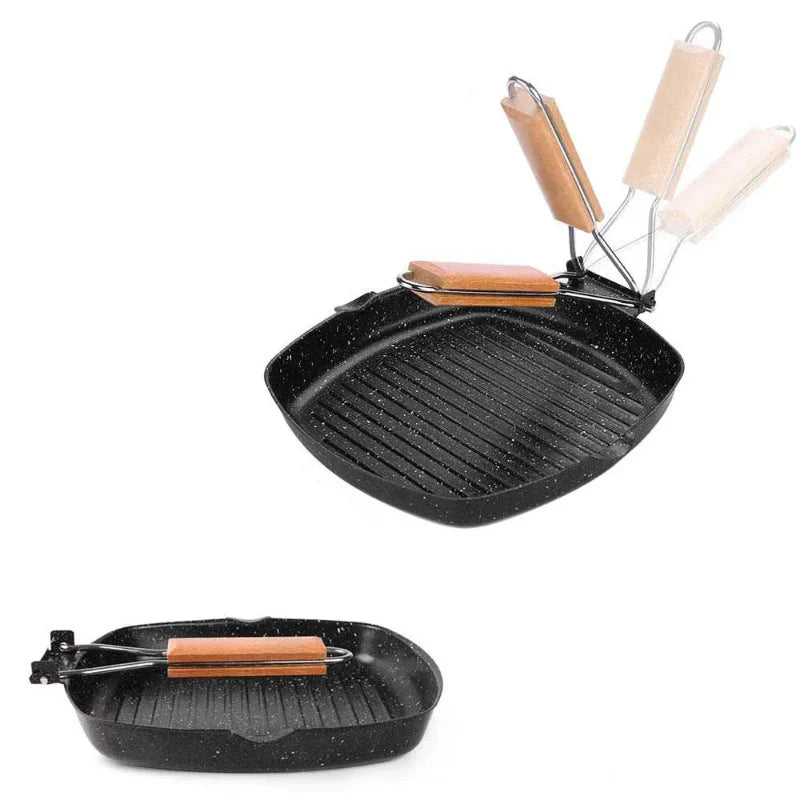 Nicht haftende Gusseisen-Grillpfanne Faltbare Bratpfanne mit Holzgriff | Brehn