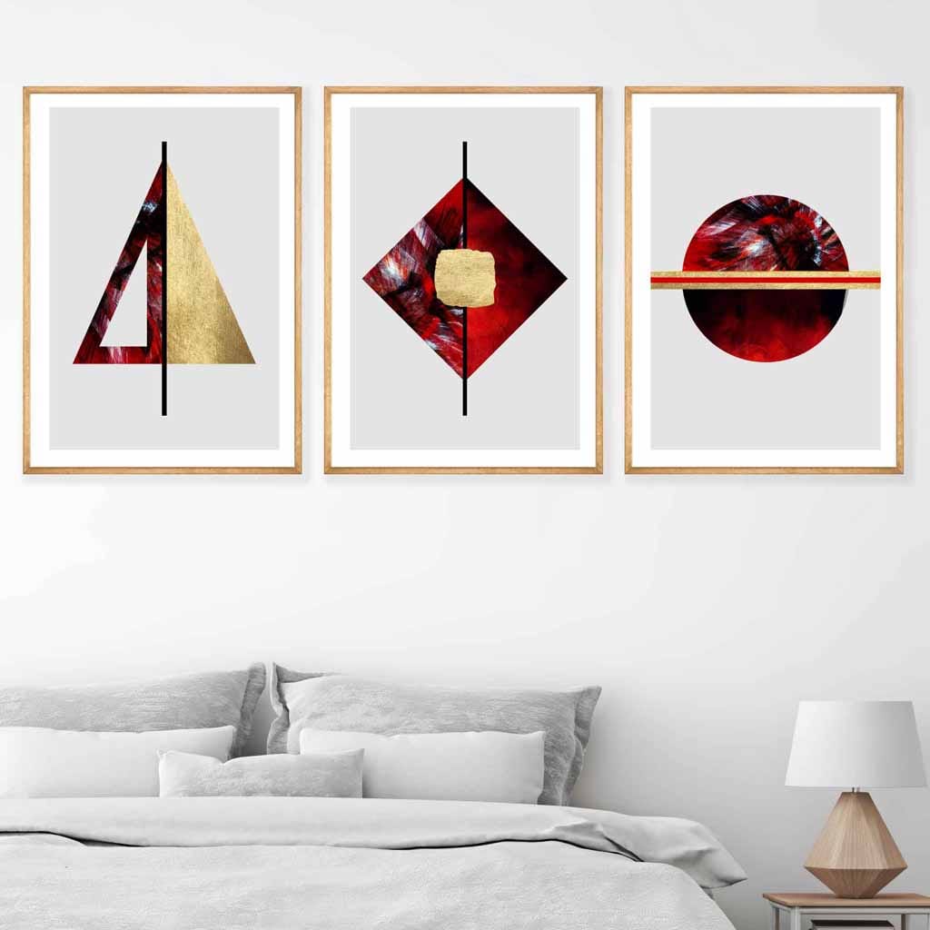 Art-Deco-Set aus 3 Wandbildern in Rot, Schwarz und Gold