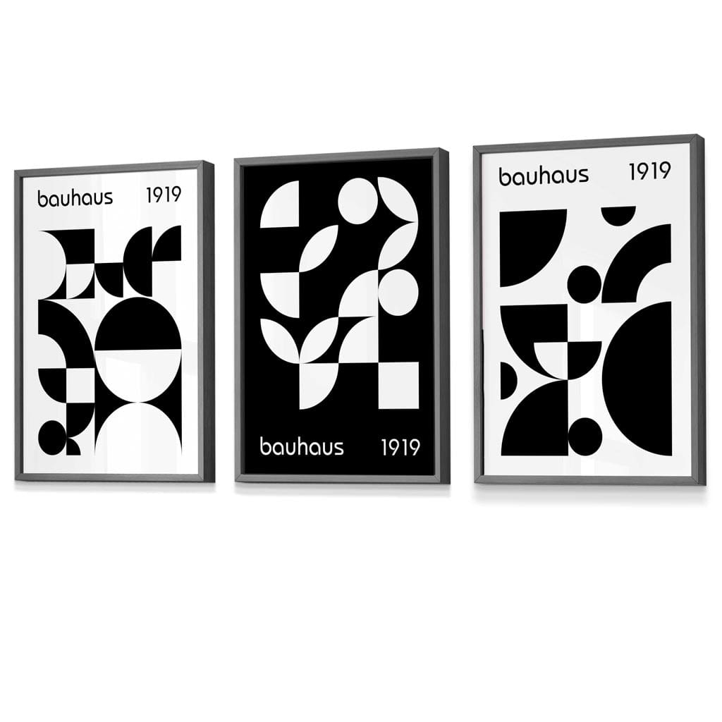 Grafische, geometrische Schwarz-Weiß-Grafiken im Bauhaus-Stil, 3 gerahmte Kunstdrucke