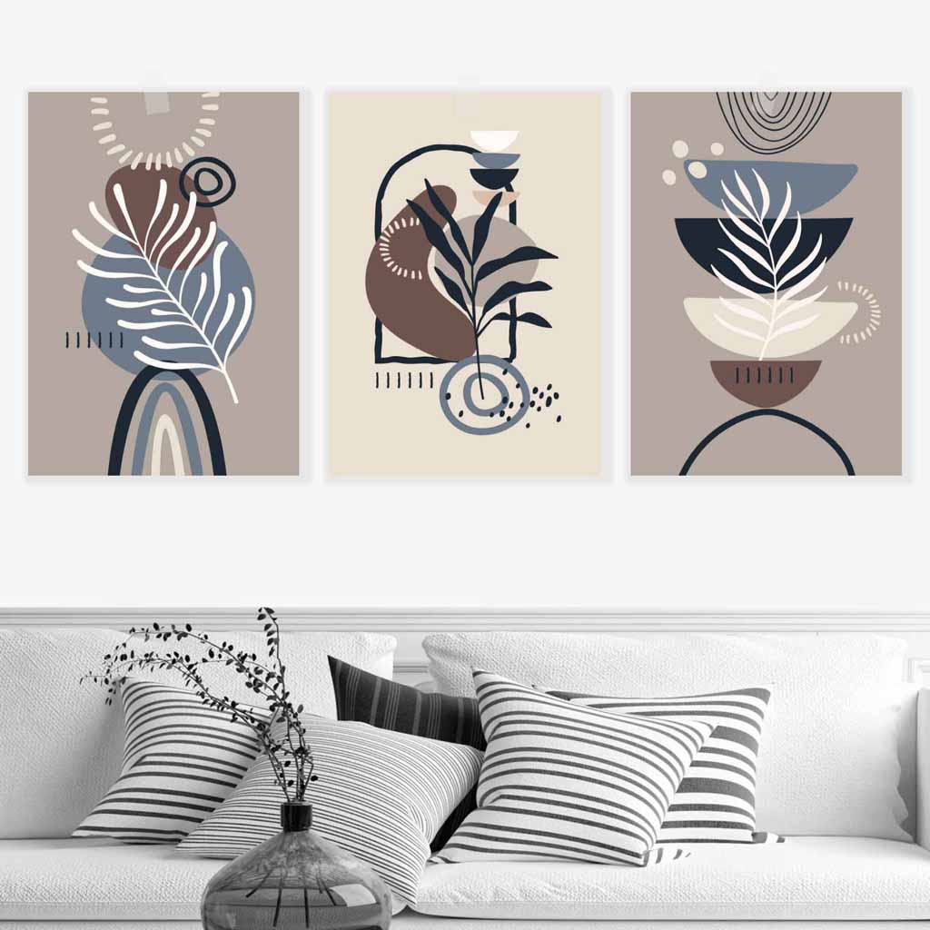 Boho-Botanisches Set aus 3 Wandbildern in Schwarz, Beige, Blau und Braun