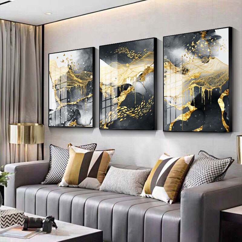 Goldene, schwarze und weiße Spritzer - Leinwand Wandkunst Malerei