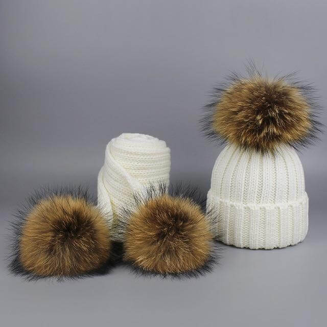 Brehn | Warm gestrickte Pelzmütze Schal Set
