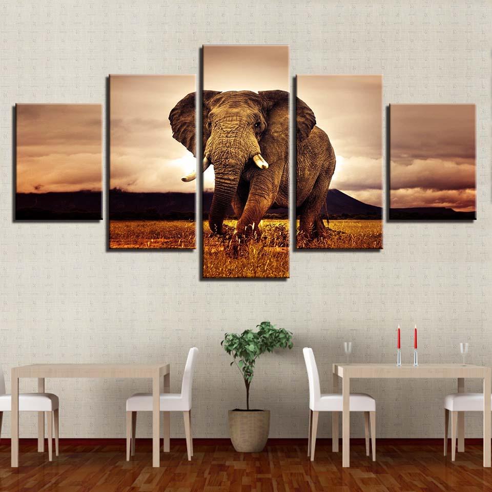 Morgen Elefant - 5-teilige Leinwand Wandkunst Malerei | Tierwelt Wandkunst