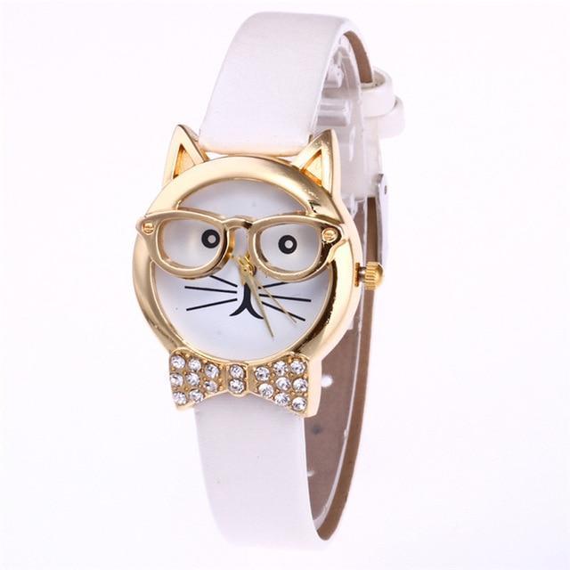 Brehn | Ansprechende Funky Brille Katze Mit Steinen Und Echtem Lederarmband Damen Uhr