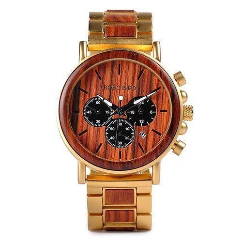 Brehn | Holz- und Edelstahl Holz-Uhr mit leuchtenden Zeigern Herren Quarz Armbanduhr