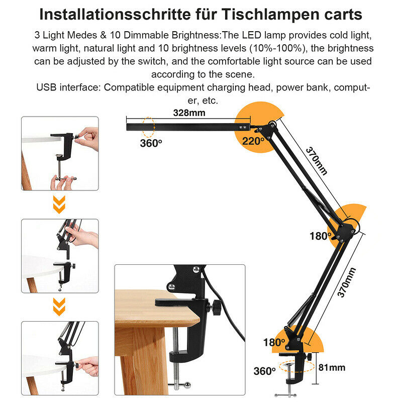 LED Schreibtischlampe Klemmleuchte Dimmbar 10W | Brehn