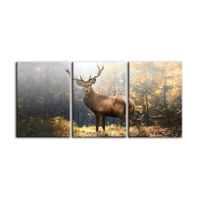 Majestätischer Hirsch im Wald - Canvas Wandkunst Gemälde 3 Teile