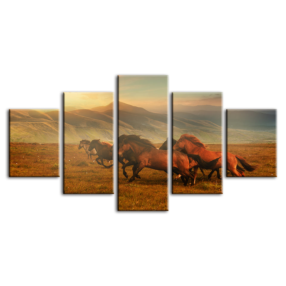 5-teilige Laufende Pferde mit schönem Landschaft - Leinwand Wandkunst Malerei