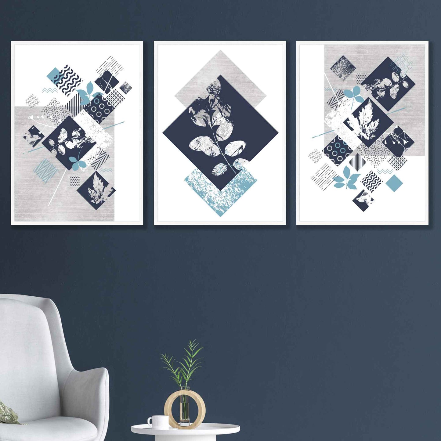BOTANISCH Set aus 3 abstrakten geometrischen Blumendrucken in Marineblau und Türkis
