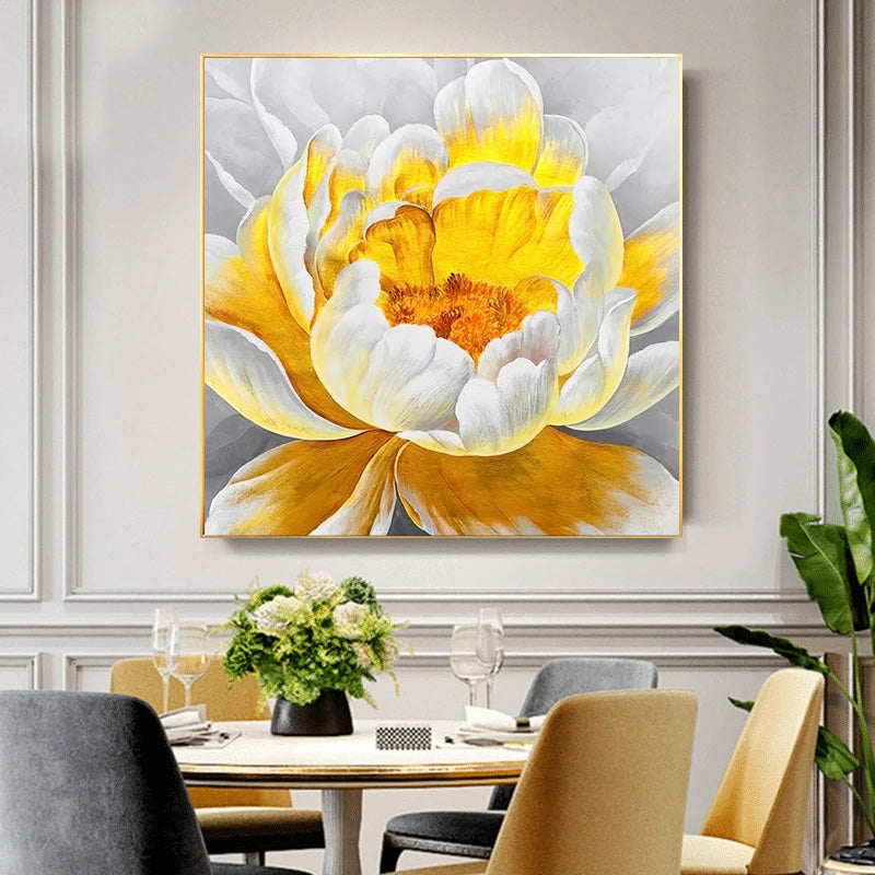 Moderne abstrakte Blumen Wandkunst Fine Art Leinwanddrucke quadratisches Format weiße goldene Blumenbilder für Wohnzimmer Schlafzimmer Kunstdekoration