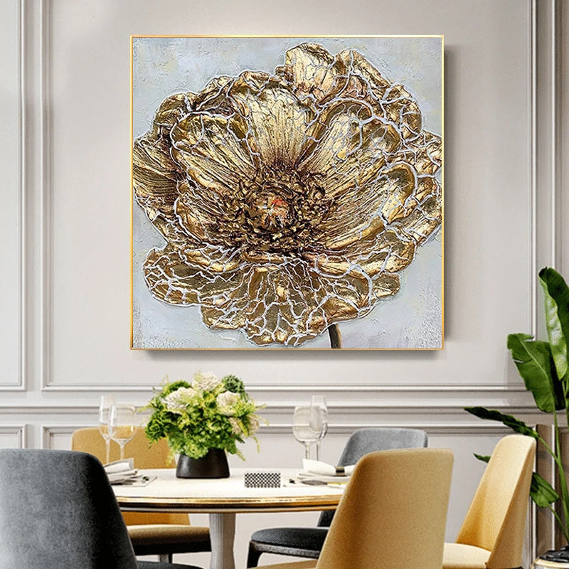 Moderne abstrakte Blumen Wandkunst Fine Art Leinwanddrucke quadratisches Format weiße goldene Blumenbilder für Wohnzimmer Schlafzimmer Kunstdekoration