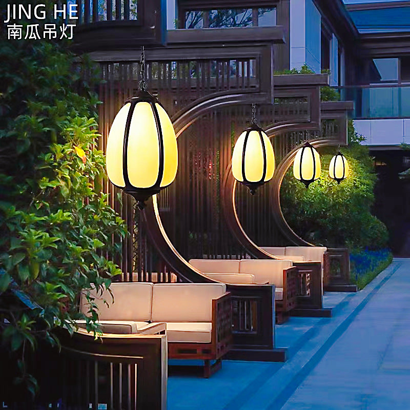 Traditionelle chinesische wasserdichte Aluminium-PC-Dolomit elliptische Kürbis 1-Licht Pendelleuchte für Außenpatio | Brehn