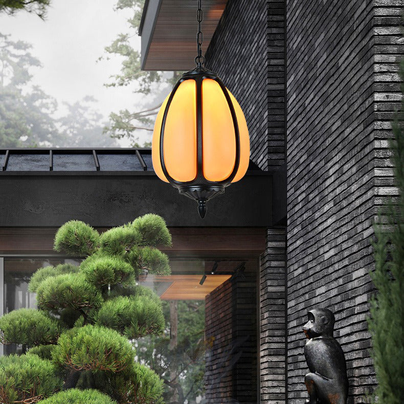 Traditionelle chinesische wasserdichte Aluminium-PC-Dolomit elliptische Kürbis 1-Licht Pendelleuchte für Außenpatio | Brehn