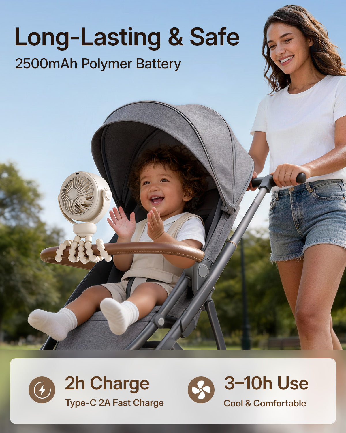 Portabler Kinderwagenventilator, Quetschsichere Babyventilator, 10H Batterie, 5-Geschwindigkeit | Brehn