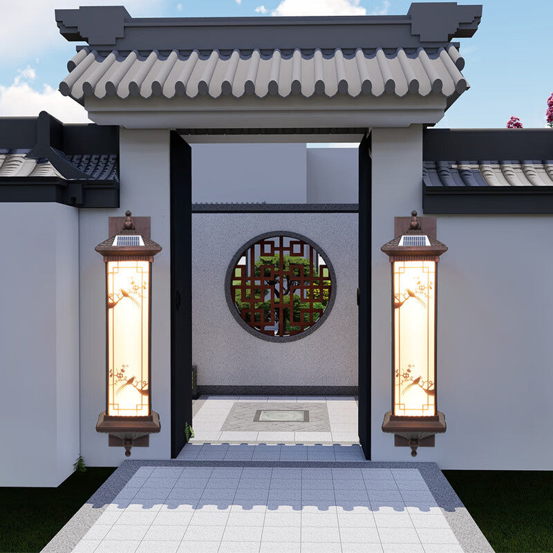 Traditionelle chinesische rechteckige Aluminium-Glas-Solar-LED-Wandleuchte für Garten | Brehn