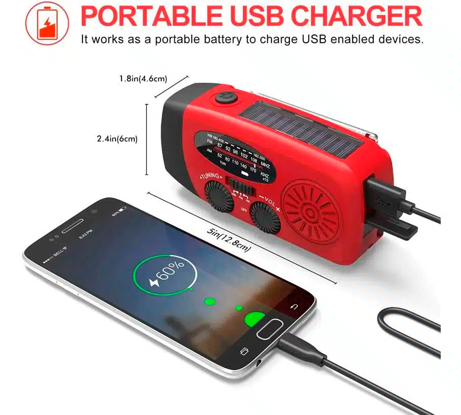 Notfallradio FM/AM mit integrierten Solarzellen, Taschenlampe, Powerbank & Handkurbel | Brehn