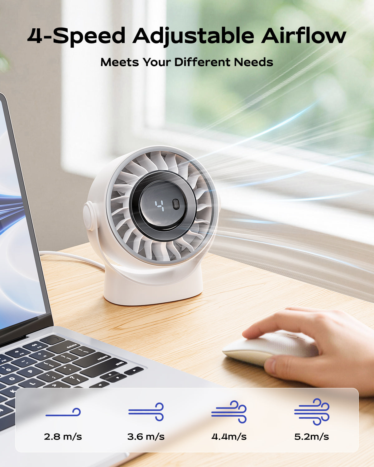 4-Geschwindigkeits-USB wiederaufladbarer Desktop-Lüfter mit intelligentem LED-Display | Brehn