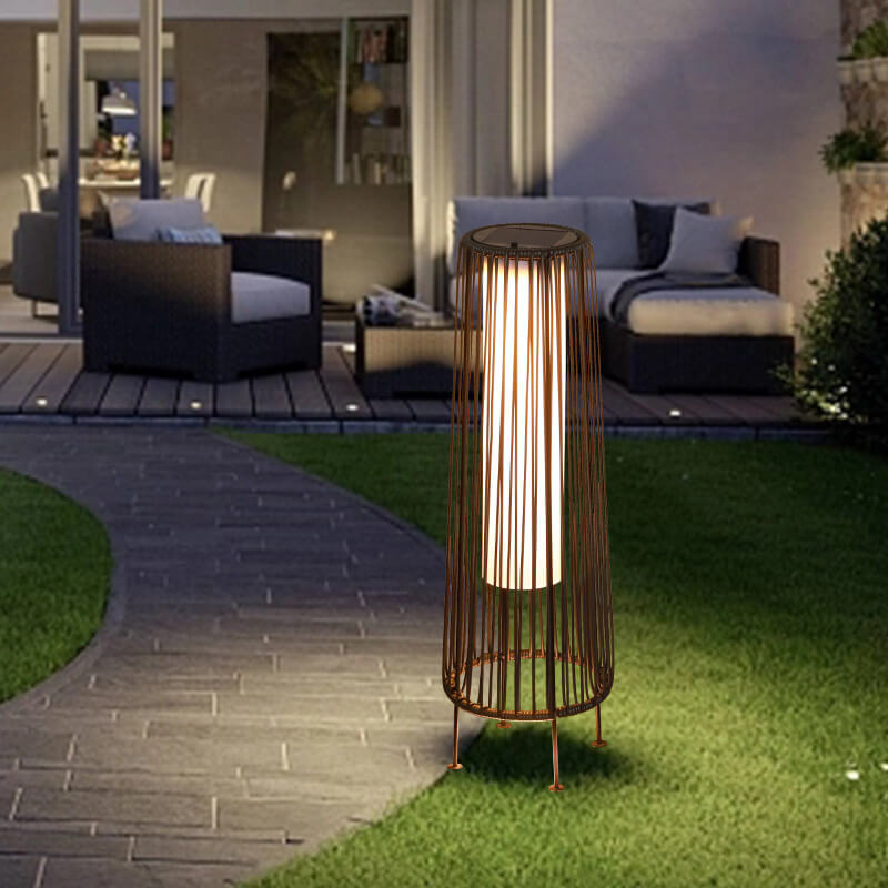 Modern Shabby Chic Solar Rund Trapezförmiges Eisen Rattan Korb LED Außenleuchte Für Außenpatio | Brehn