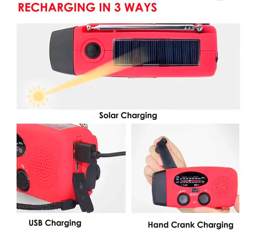 Notfallradio FM/AM mit integrierten Solarzellen, Taschenlampe, Powerbank & Handkurbel | Brehn