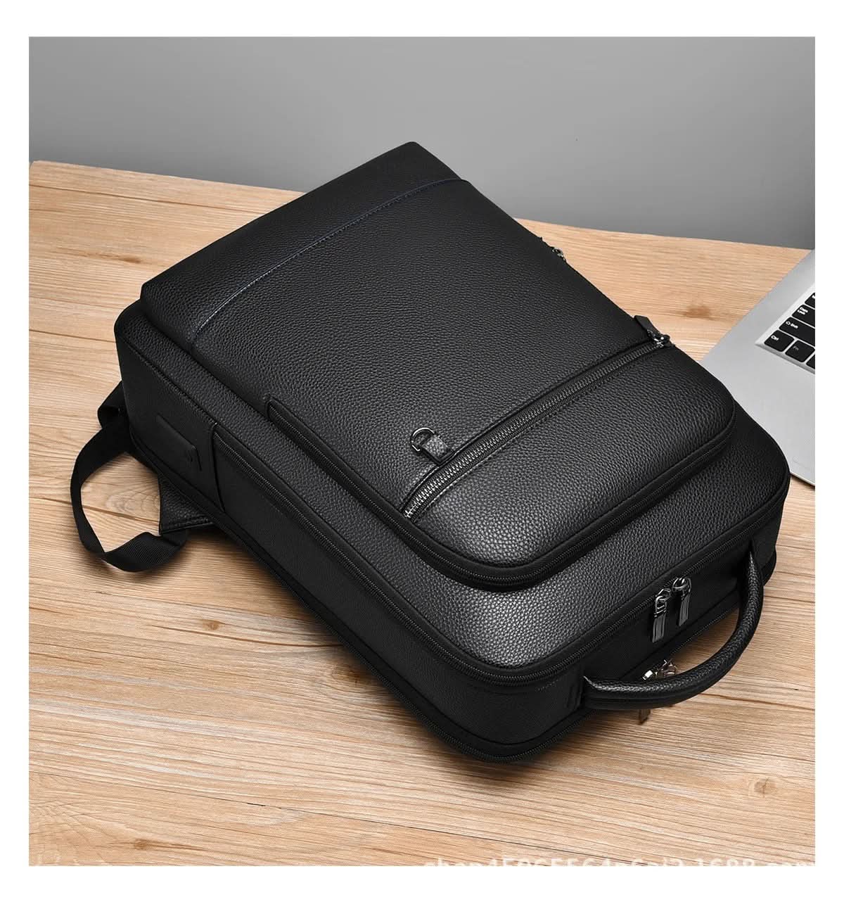 Eleganter Lederrucksack für Damen und Herren mit USB-Anschluss für Laptop und den täglichen Gebrauch, 15,6 Zoll, schwarz