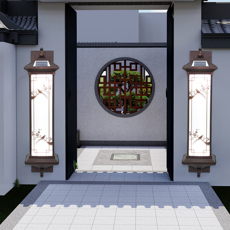 Traditionelle chinesische rechteckige Aluminium-Glas-Solar-LED-Wandleuchte für Garten | Brehn