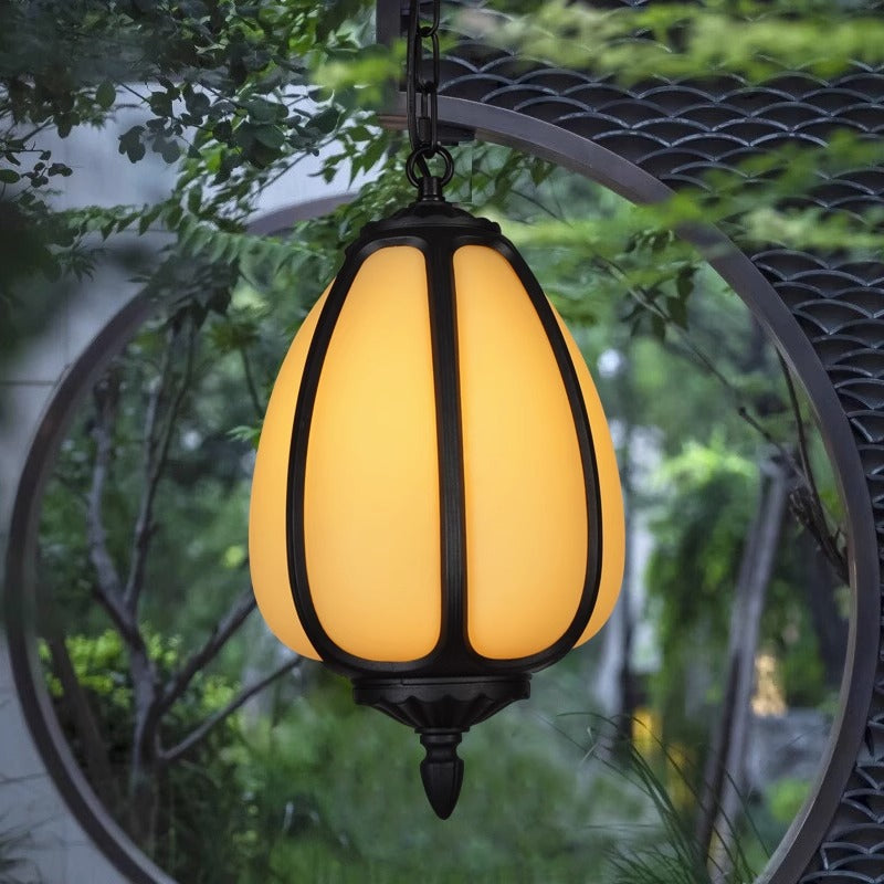 Traditionelle chinesische wasserdichte Aluminium-PC-Dolomit elliptische Kürbis 1-Licht Pendelleuchte für Außenpatio | Brehn