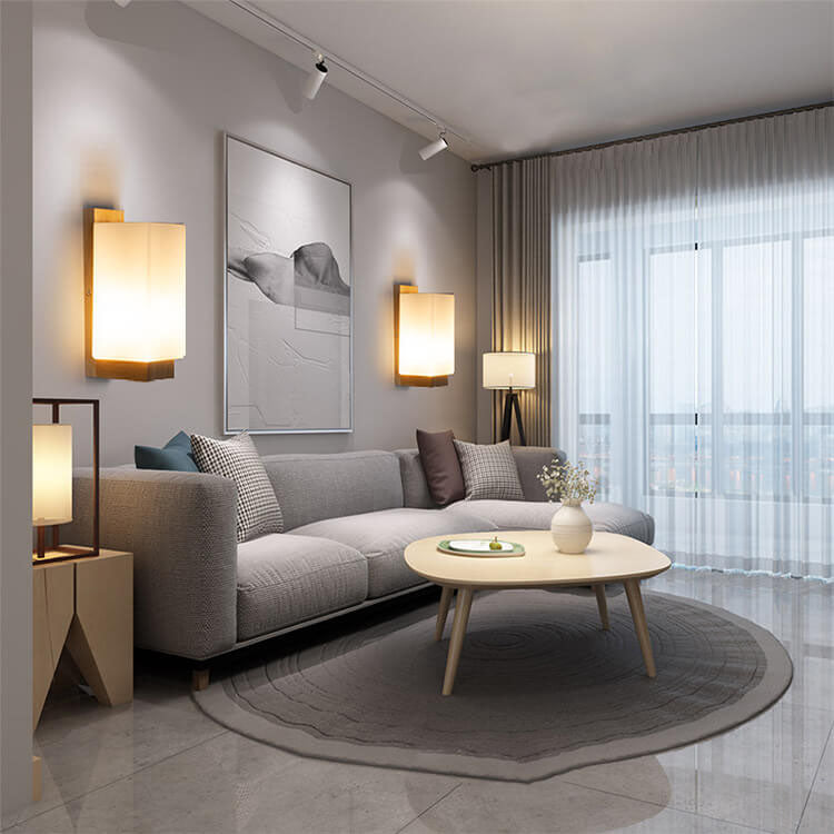 Moderne minimalistische quadratische Wandleuchte aus Massivholz mit Glassäule und einem Licht