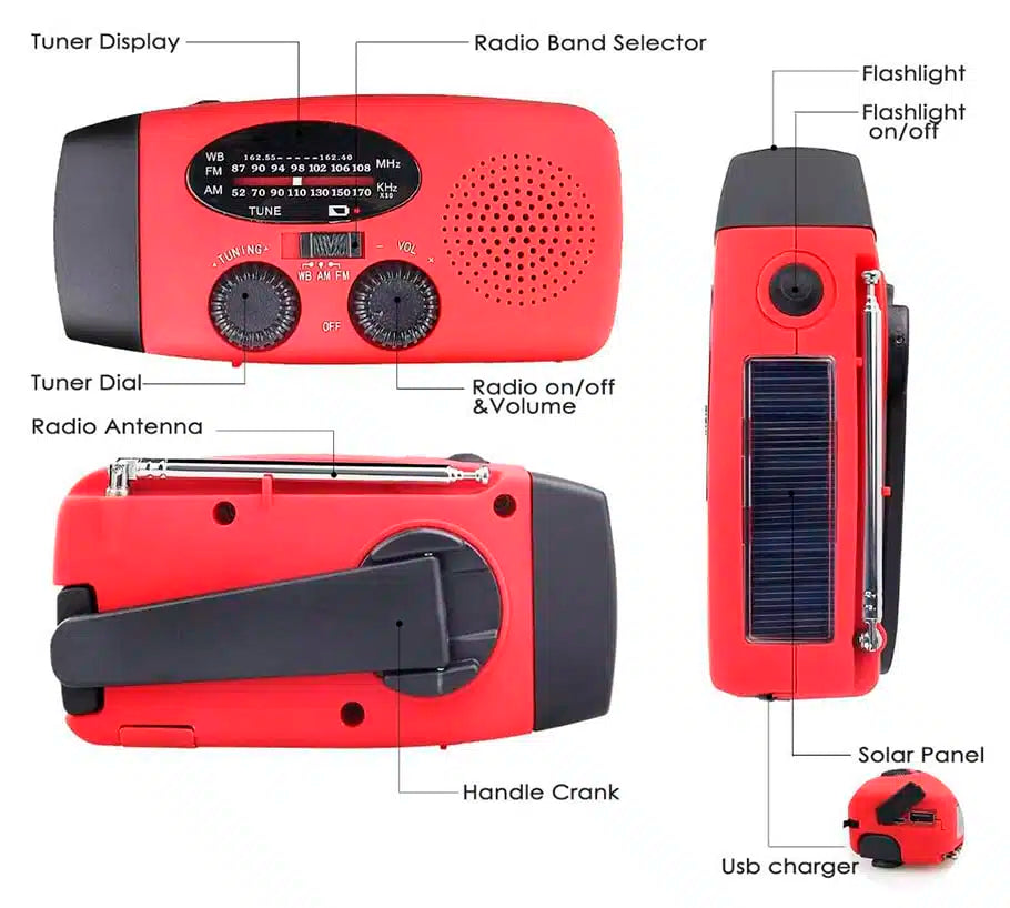 Notfallradio FM/AM mit integrierten Solarzellen, Taschenlampe, Powerbank & Handkurbel | Brehn